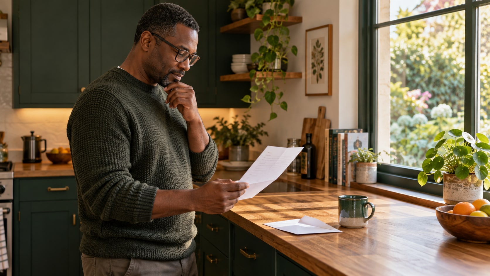 A parent reading a school letter at a kitchen counter.